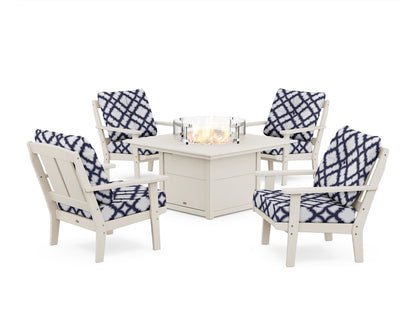 POLYWOOD® Mission 5-Piece Deep Seating Set with Fire Pit Table in Sand / Trellis Navy