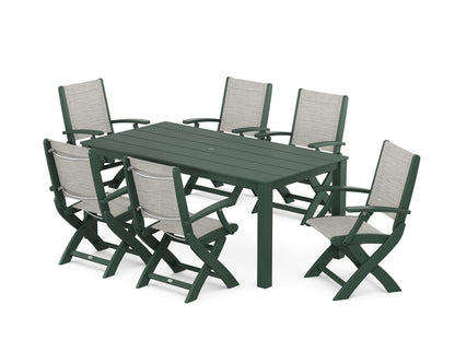 POLYWOOD® Coastal Folding Chair 7-Piece Parsons Dining Set in Green / Birch Sling