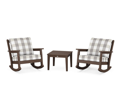 POLYWOOD® Chippendale 3-Piece Deep Seating Rocker Set in Mahogany / Buffalo Plaid Grey Mist