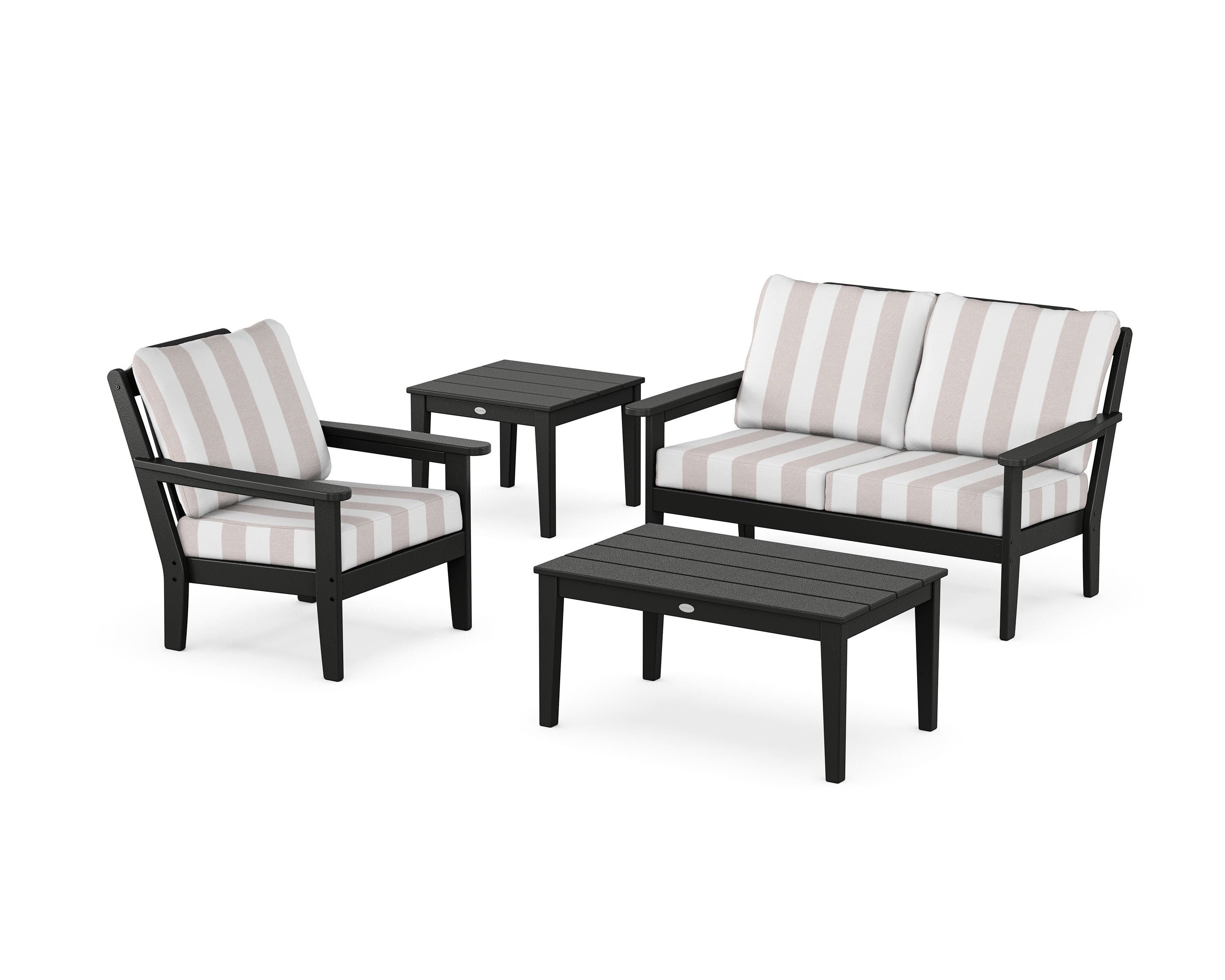 Country Living Wovendale 4-Piece Deep Seating Set in Black / Cabana Stripe Dune Burlap