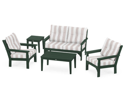 POLYWOOD® Vineyard 5-Piece Deep Seating Set in Green / Cabana Stripe Dune Burlap