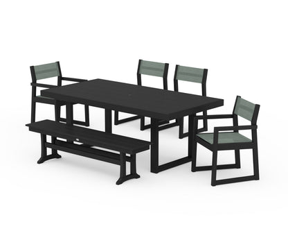 POLYWOOD® EDGE Sling 6-Piece Dining Set with Bench in Black / Dupioni Sea Mist Sling