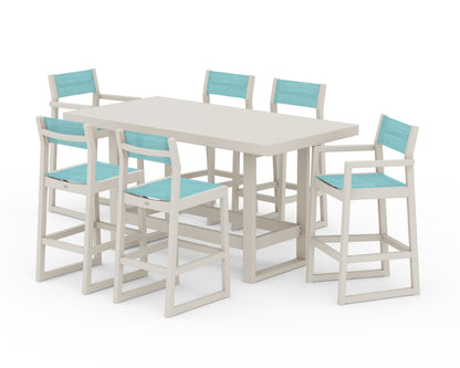 POLYWOOD® EDGE Sling 7-Piece Bar Table Set in Sand / Dupioni Aquamarine Sling