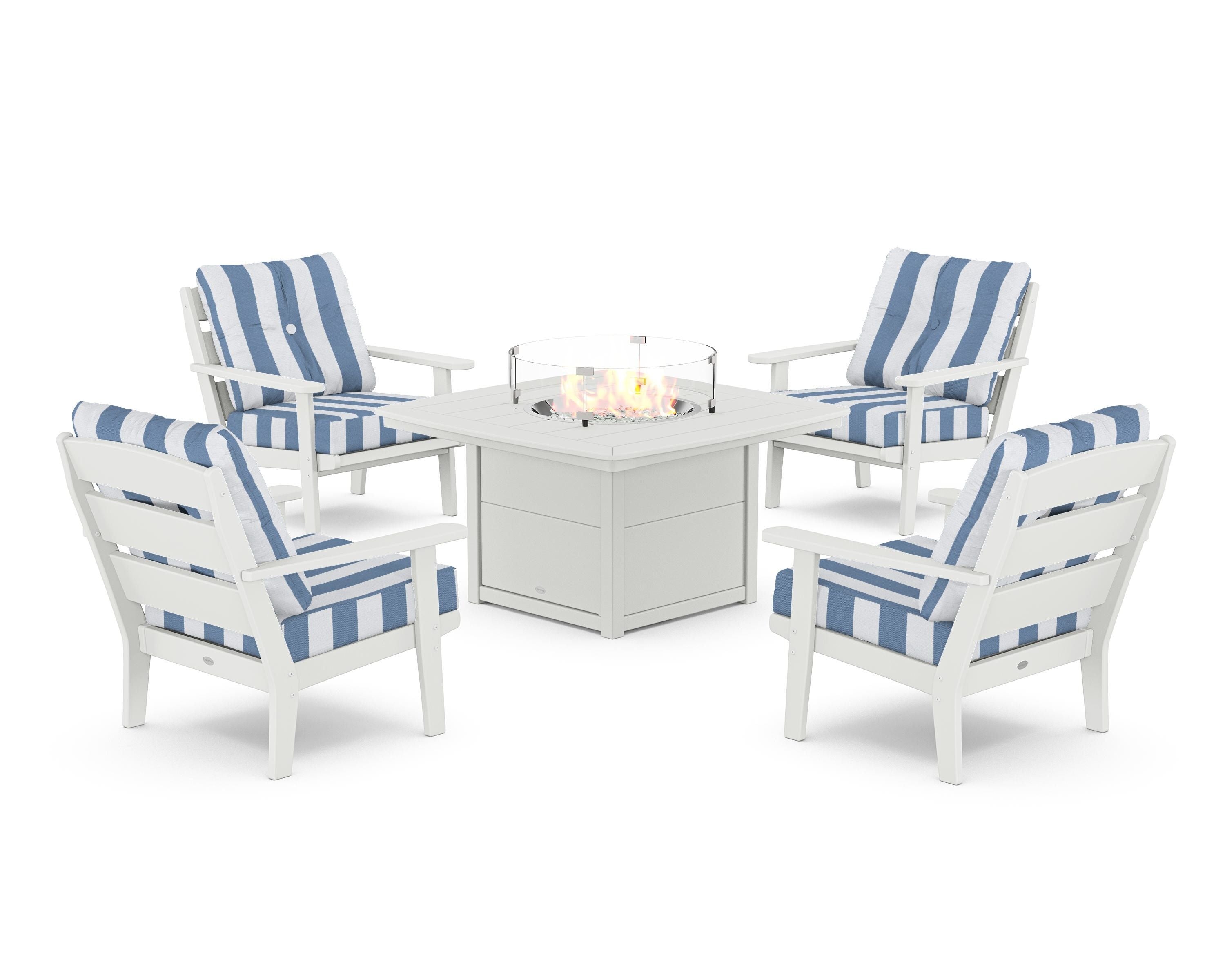 POLYWOOD® Lakeside 5-Piece Deep Seating Set with Nautical Fire Pit Table in White / Cabana Stripe Sky Blue