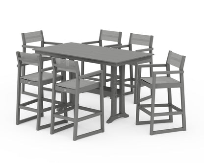 POLYWOOD® EDGE Sling Arm Chair 7-Piece Farmhouse Bar Set with Trestle Legs in Slate Grey / Metallic Sling