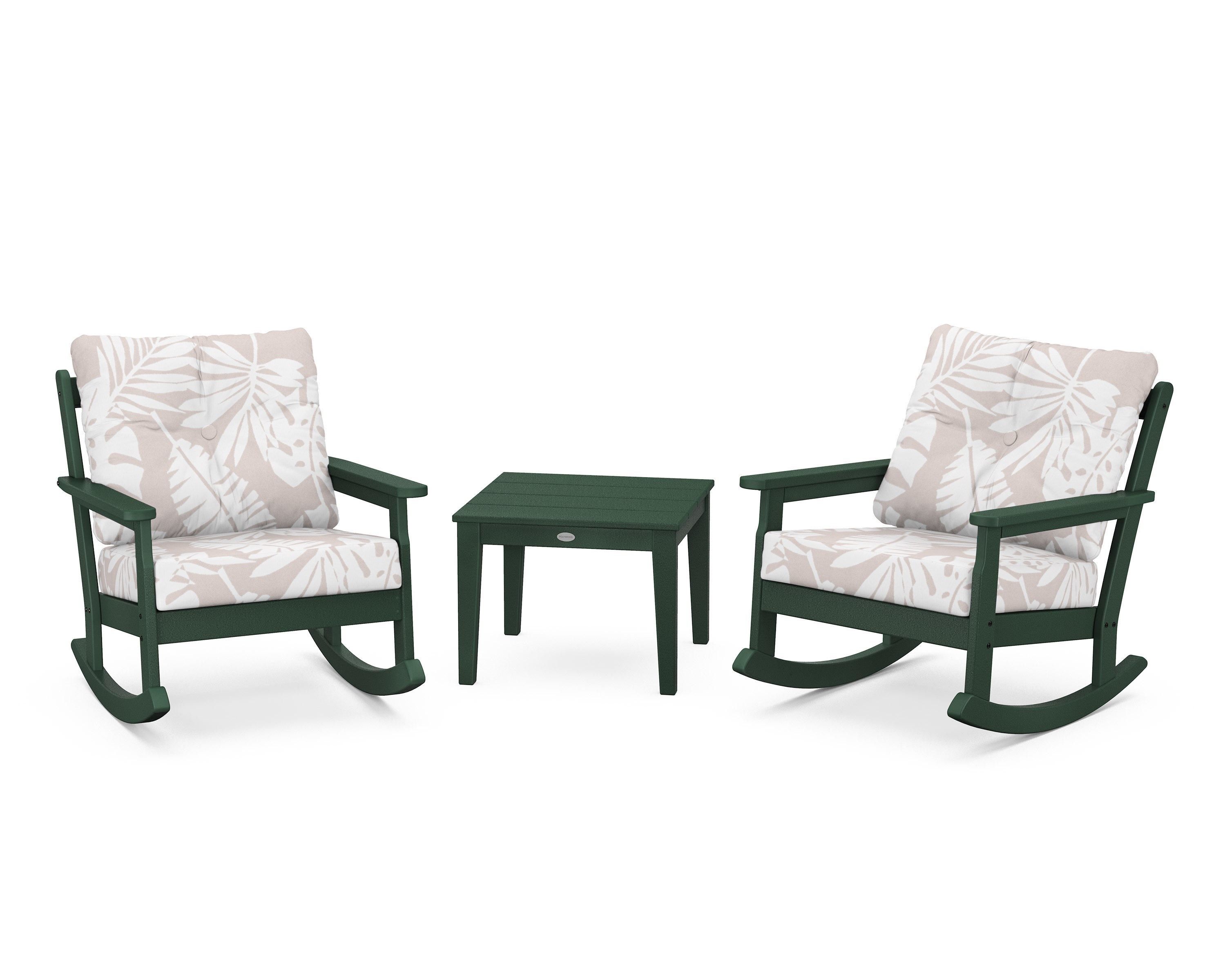 POLYWOOD® Vineyard 3-Piece Deep Seating Rocker Set in Green / Leaf Dune Burlap