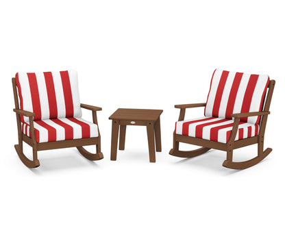 POLYWOOD® Braxton 3-Piece Deep Seating Rocker Set in Teak / Cabana Stripe Crimson