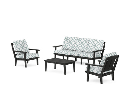 POLYWOOD® Mission 4-Piece Deep Seating Set with Sofa in Black / Trellis Glacier Spa