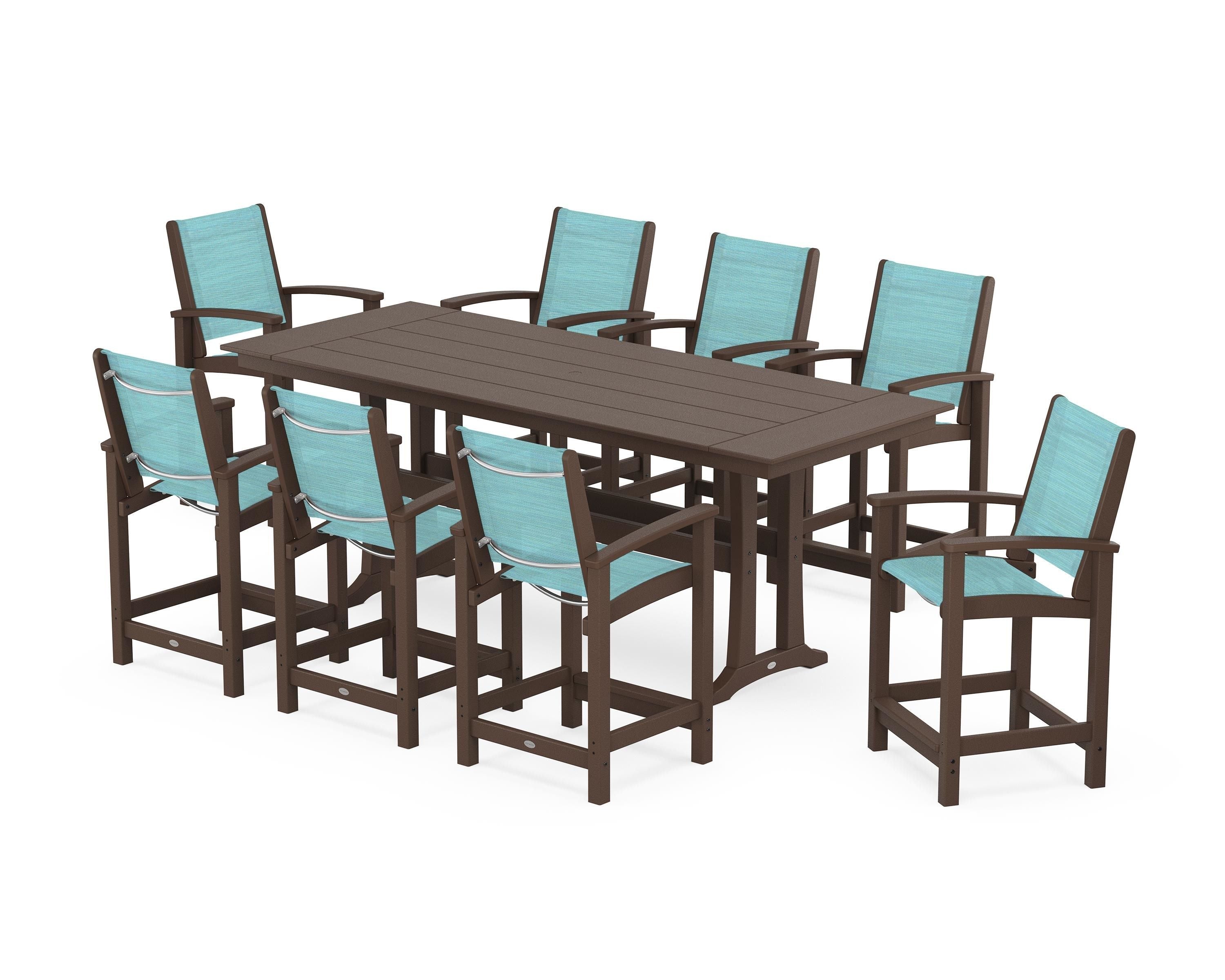 POLYWOOD® Coastal 9-Piece Farmhouse Counter Set with Trestle Legs in Mahogany / Dupioni Aquamarine Sling