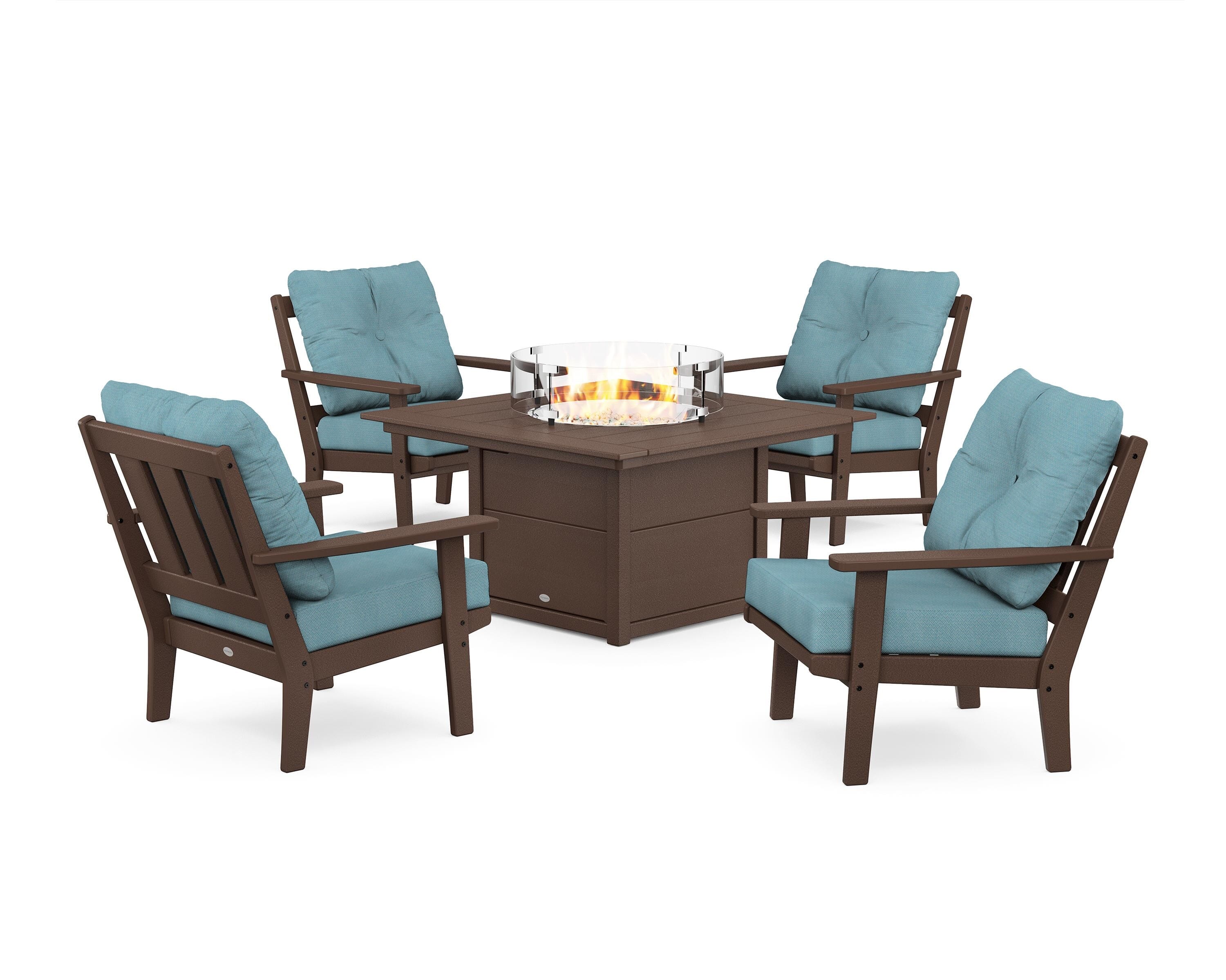 POLYWOOD® Oxford 5-Piece Deep Seating Set with Fire Pit Table in Mahogany / Lattice Sky Blue