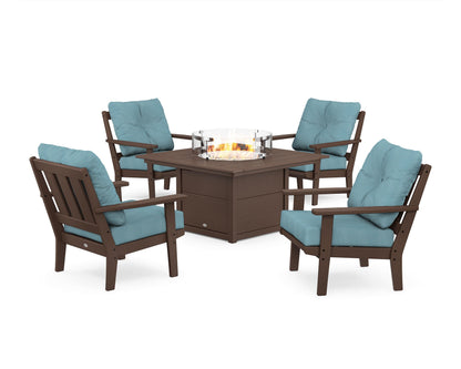 POLYWOOD® Oxford 5-Piece Deep Seating Set with Fire Pit Table in Mahogany / Lattice Sky Blue
