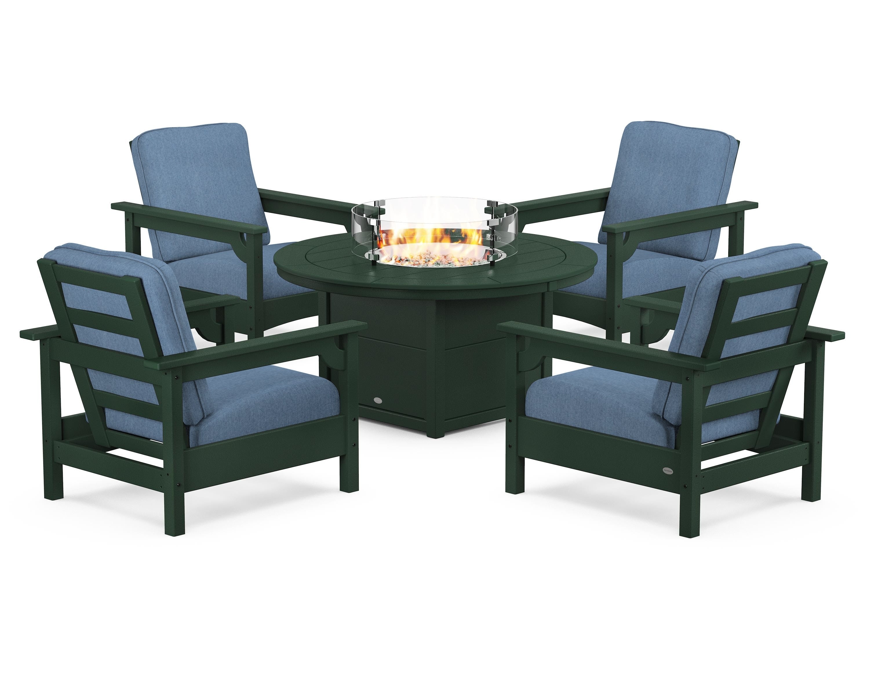 POLYWOOD® Club 5-Piece Conversation Set with Fire Pit Table in Green / Sky Blue