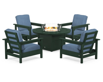 POLYWOOD® Club 5-Piece Conversation Set with Fire Pit Table in Green / Sky Blue