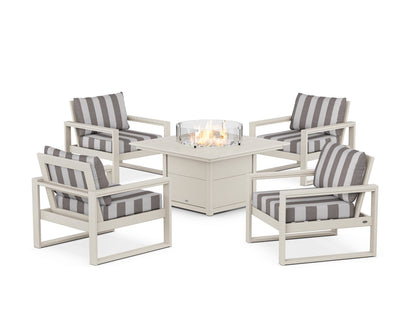 POLYWOOD® EDGE Sectional 5-Piece Deep Seating Set with Fire Pit Table in Sand / Cabana Stripe Grey Mist