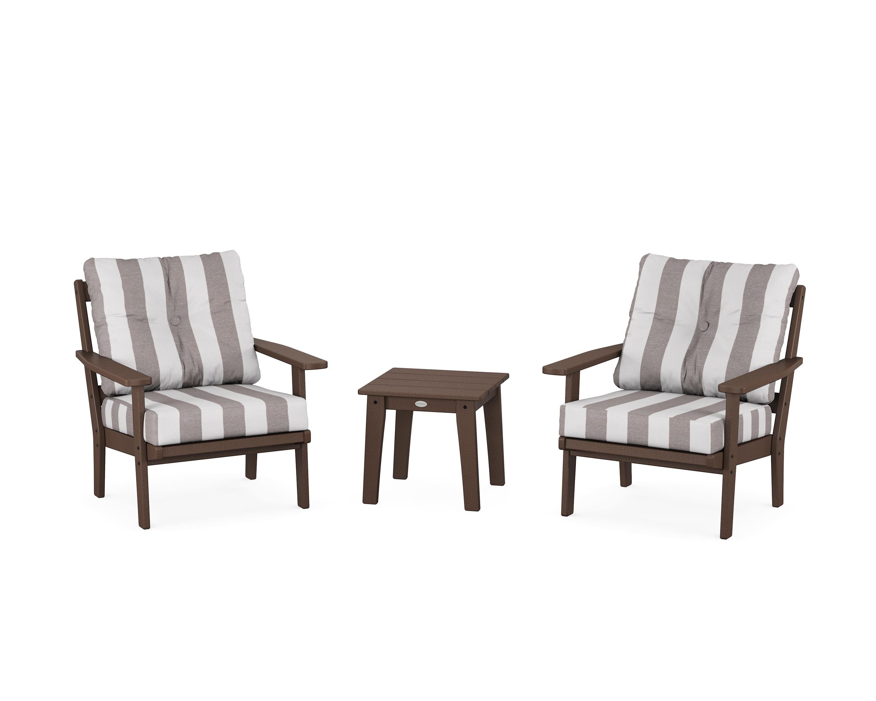 POLYWOOD® Prairie 3-Piece Deep Seating Set in Mahogany / Cabana Stripe Grey Mist