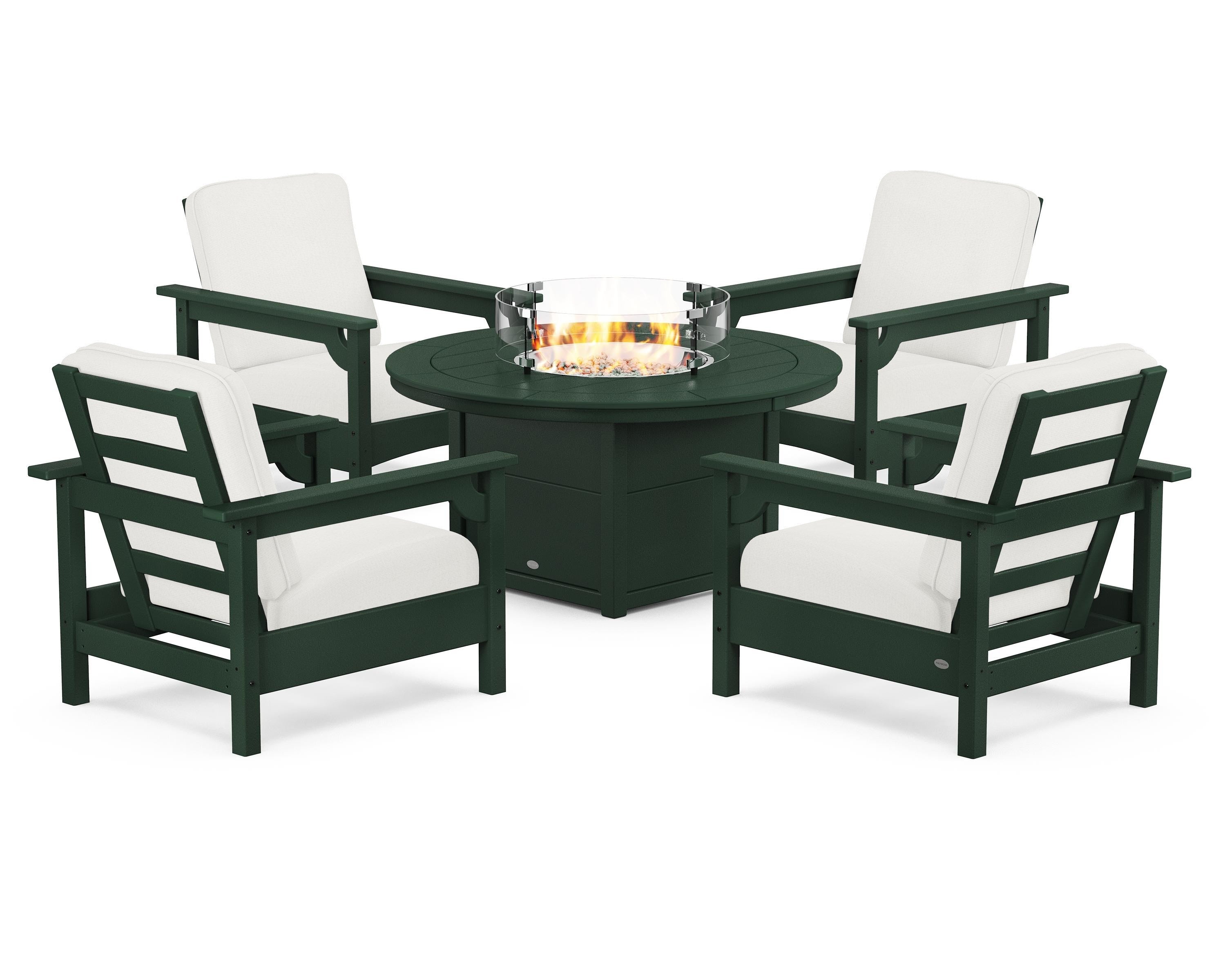 POLYWOOD® Club 5-Piece Conversation Set with Fire Pit Table in Green / Natural Linen