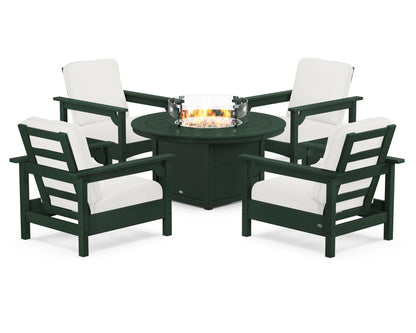 POLYWOOD® Club 5-Piece Conversation Set with Fire Pit Table in Green / Natural Linen