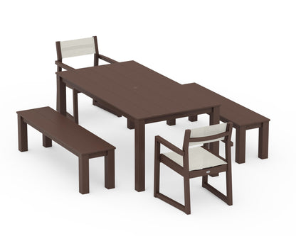 POLYWOOD® EDGE Sling Arm Chair 5-Piece Parsons Dining Set with Benches in Mahogany / Parchment Sling