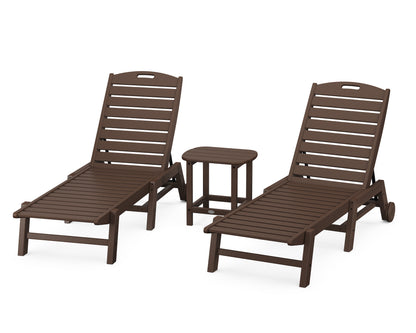 POLYWOOD® Nautical 3-Piece Chaise Lounge with Wheels Set with South Beach 18" Side Table in Mahogany