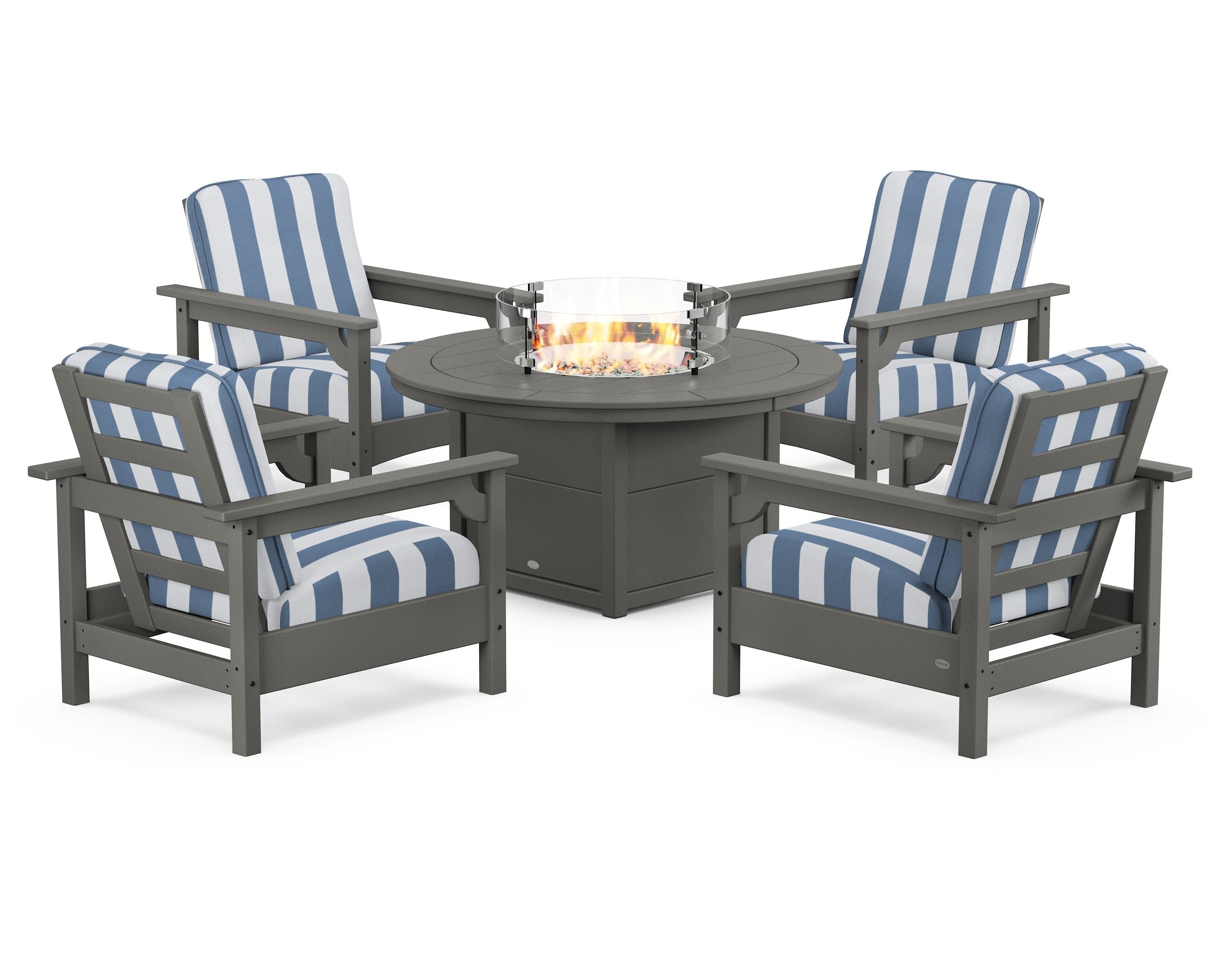 POLYWOOD® Club 5-Piece Conversation Set with Fire Pit Table in Slate Grey / Cabana Stripe Sky Blue