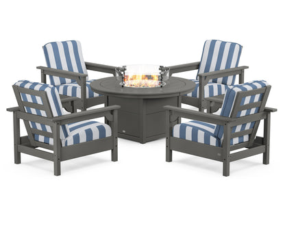 POLYWOOD® Club 5-Piece Conversation Set with Fire Pit Table in Slate Grey / Cabana Stripe Sky Blue