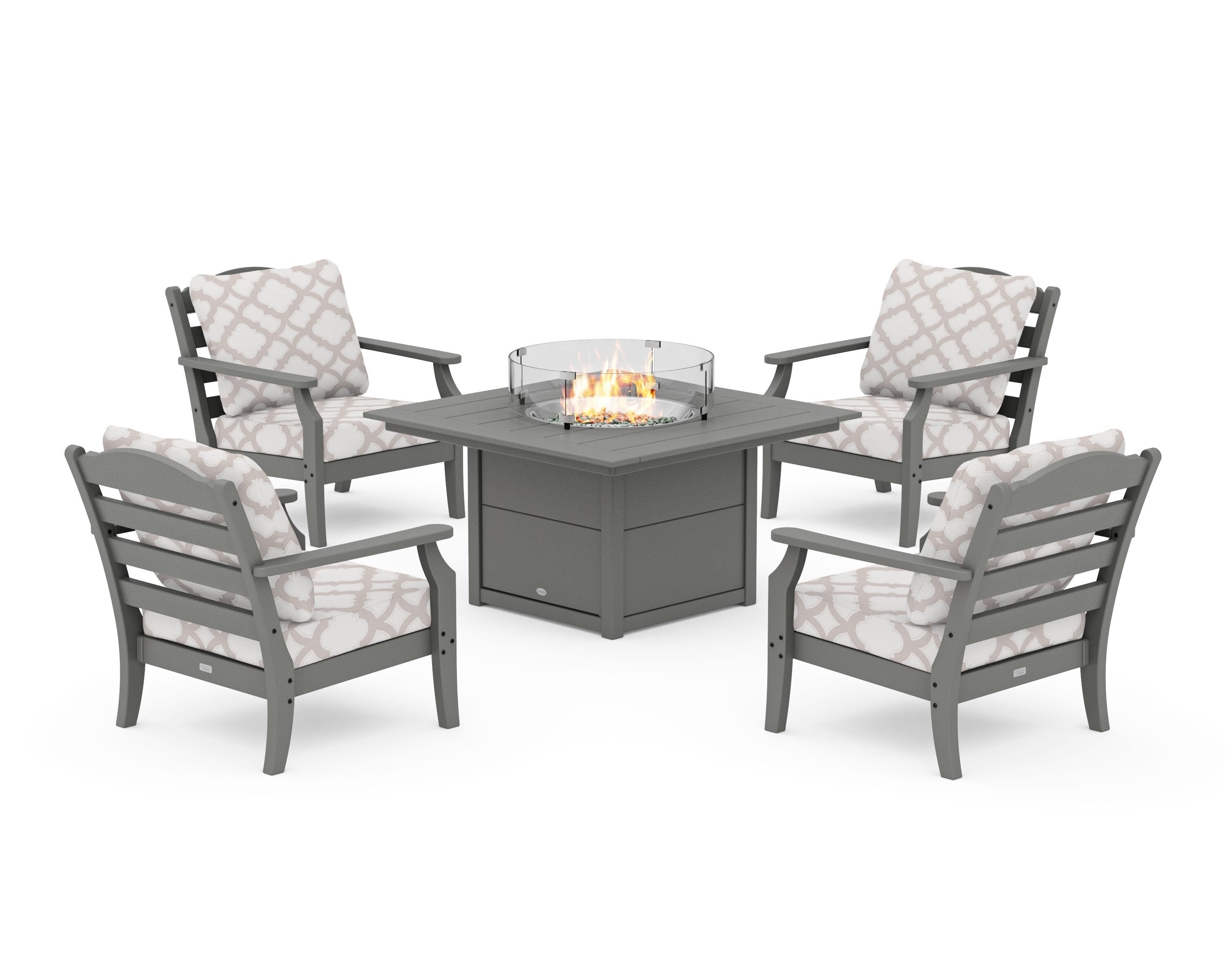 Draper James™ by  POLYWOOD® Savannah 5-Piece Deep Seating Set with Fire Pit Table in Slate Grey / Trellis Dune Burlap
