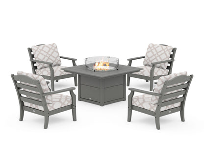 Draper James™ by  POLYWOOD® Savannah 5-Piece Deep Seating Set with Fire Pit Table in Slate Grey / Trellis Dune Burlap