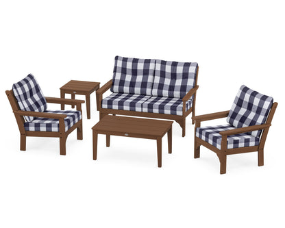 POLYWOOD® Vineyard 5-Piece Deep Seating Set in Teak / Buffalo Plaid Navy