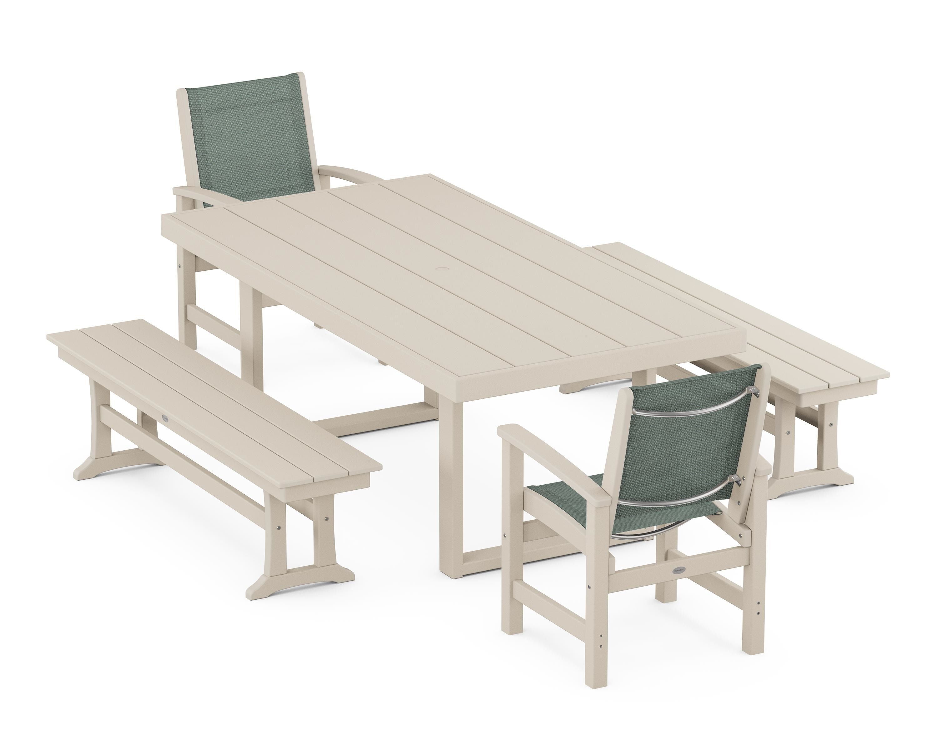 POLYWOOD® Coastal 5-Piece Dining Set with Trestle Legs in Sand / Dupioni Sea Mist Sling