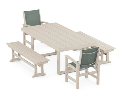 POLYWOOD® Coastal 5-Piece Dining Set with Trestle Legs in Sand / Dupioni Sea Mist Sling