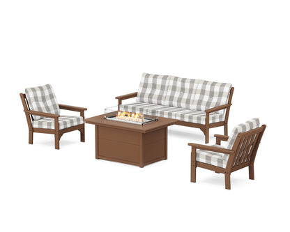 POLYWOOD® Vineyard Deep Seating Fire Pit Table Set in Teak / Buffalo Plaid Grey Mist