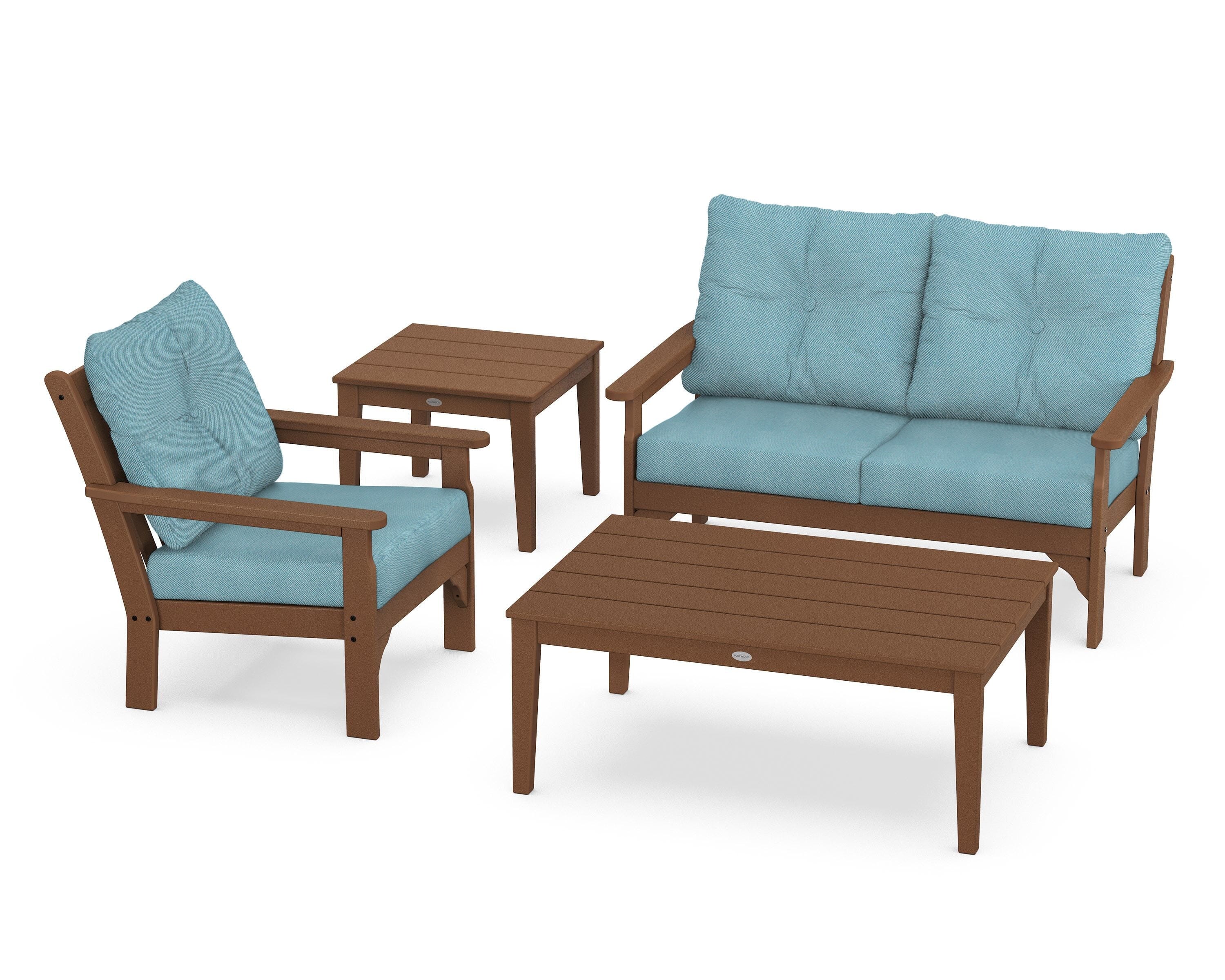 POLYWOOD® Vineyard 4-Piece Deep Seating Set in Teak / Lattice Sky Blue