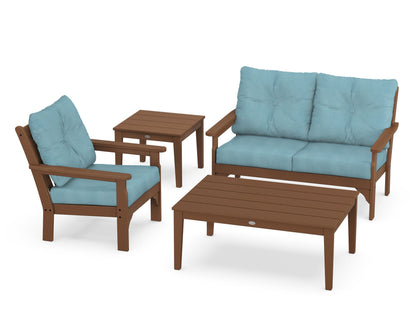 POLYWOOD® Vineyard 4-Piece Deep Seating Set in Teak / Lattice Sky Blue