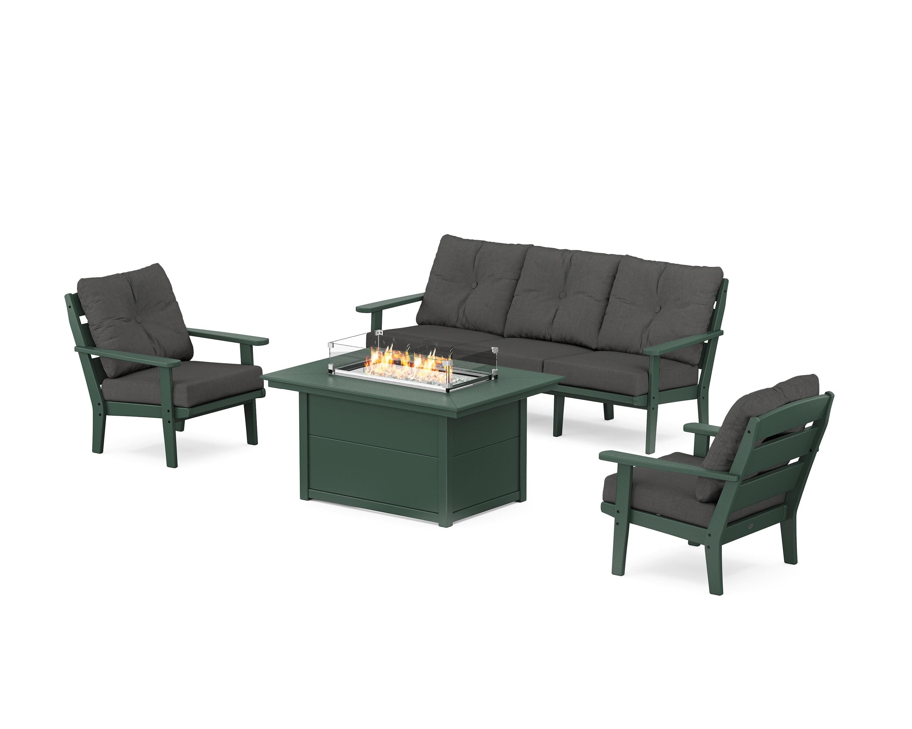 POLYWOOD® Lakeside Deep Seating Fire Pit Table Set in Green / Spectrum Carbon