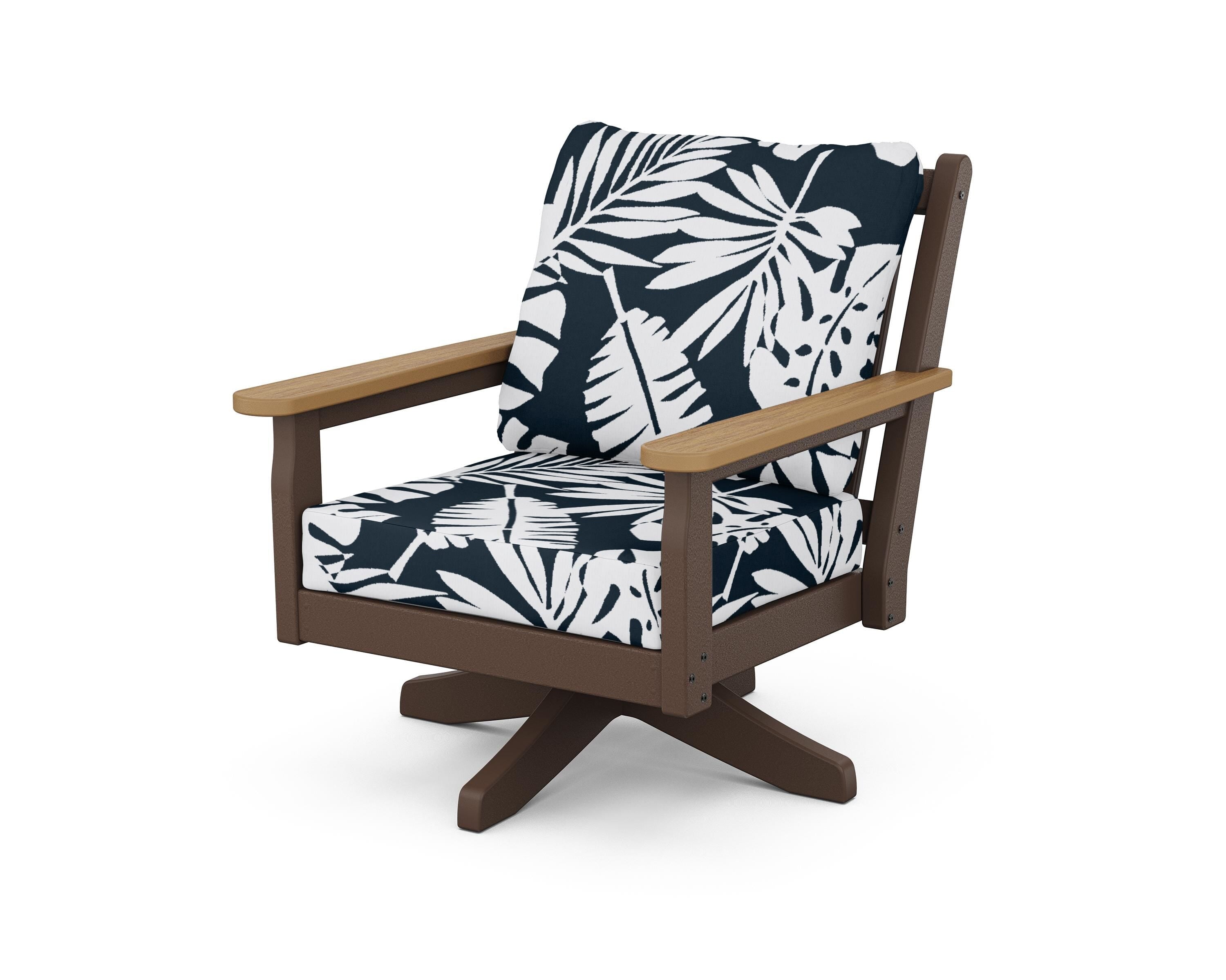 POLYWOOD® Chippendale Deep Seating Swivel Chair in Mahogany / Natural / Leaf Marine Indigo