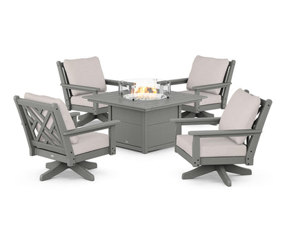 POLYWOOD® Chippendale 5-Piece Deep Seating Swivel Conversation Set with Fire Pit Table in Slate Grey / Dune Burlap