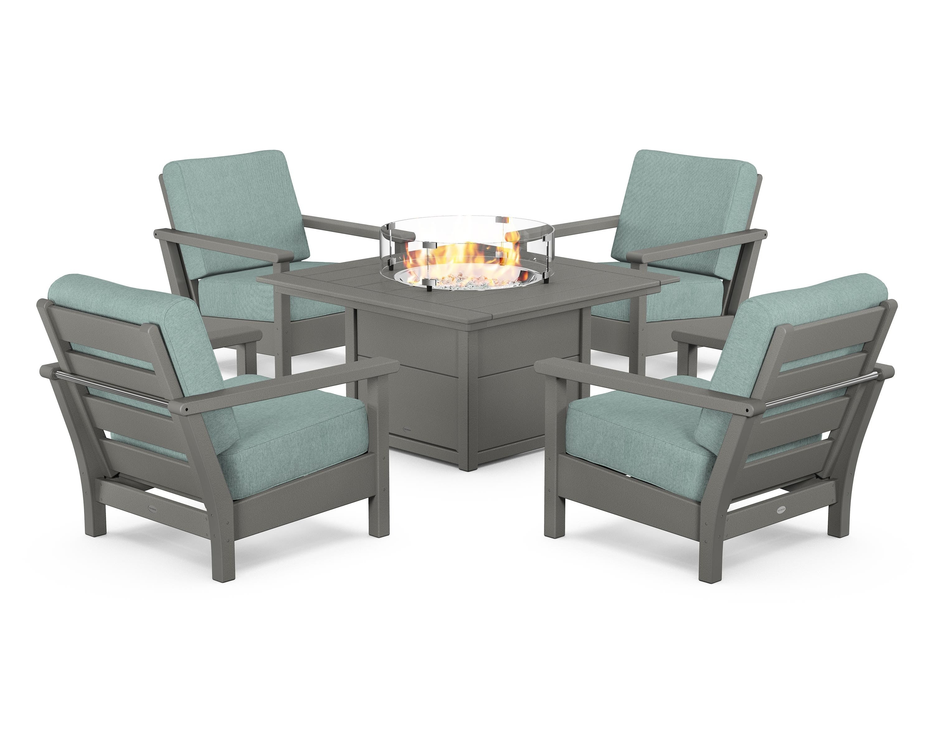 POLYWOOD® Harbour 5-Piece Conversation Set with Fire Pit Table in Slate Grey / Glacier Spa