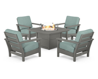 POLYWOOD® Harbour 5-Piece Conversation Set with Fire Pit Table in Slate Grey / Glacier Spa