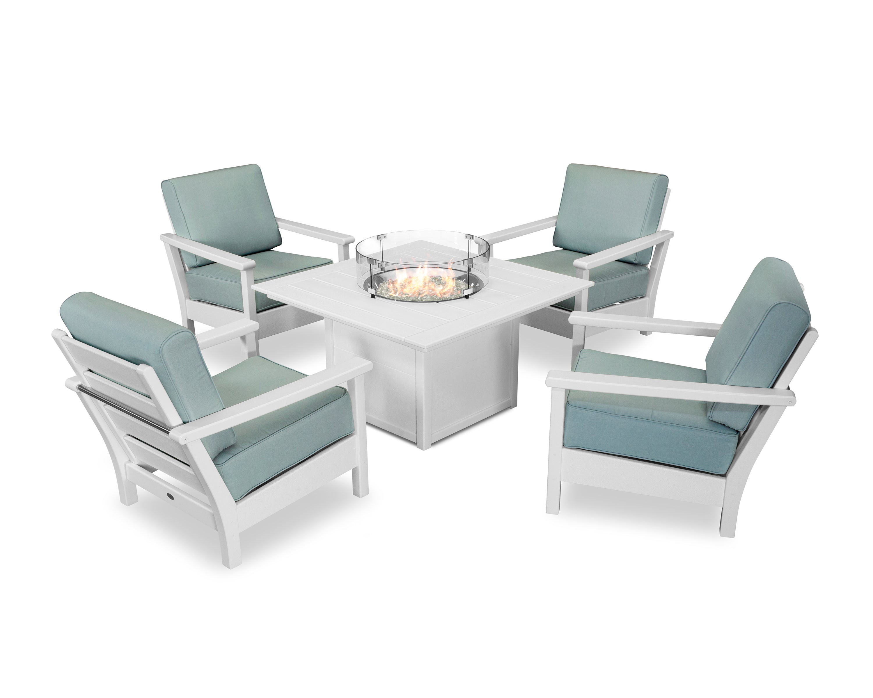 POLYWOOD® Harbour 5-Piece Conversation Set with Fire Pit Table in White / Spa