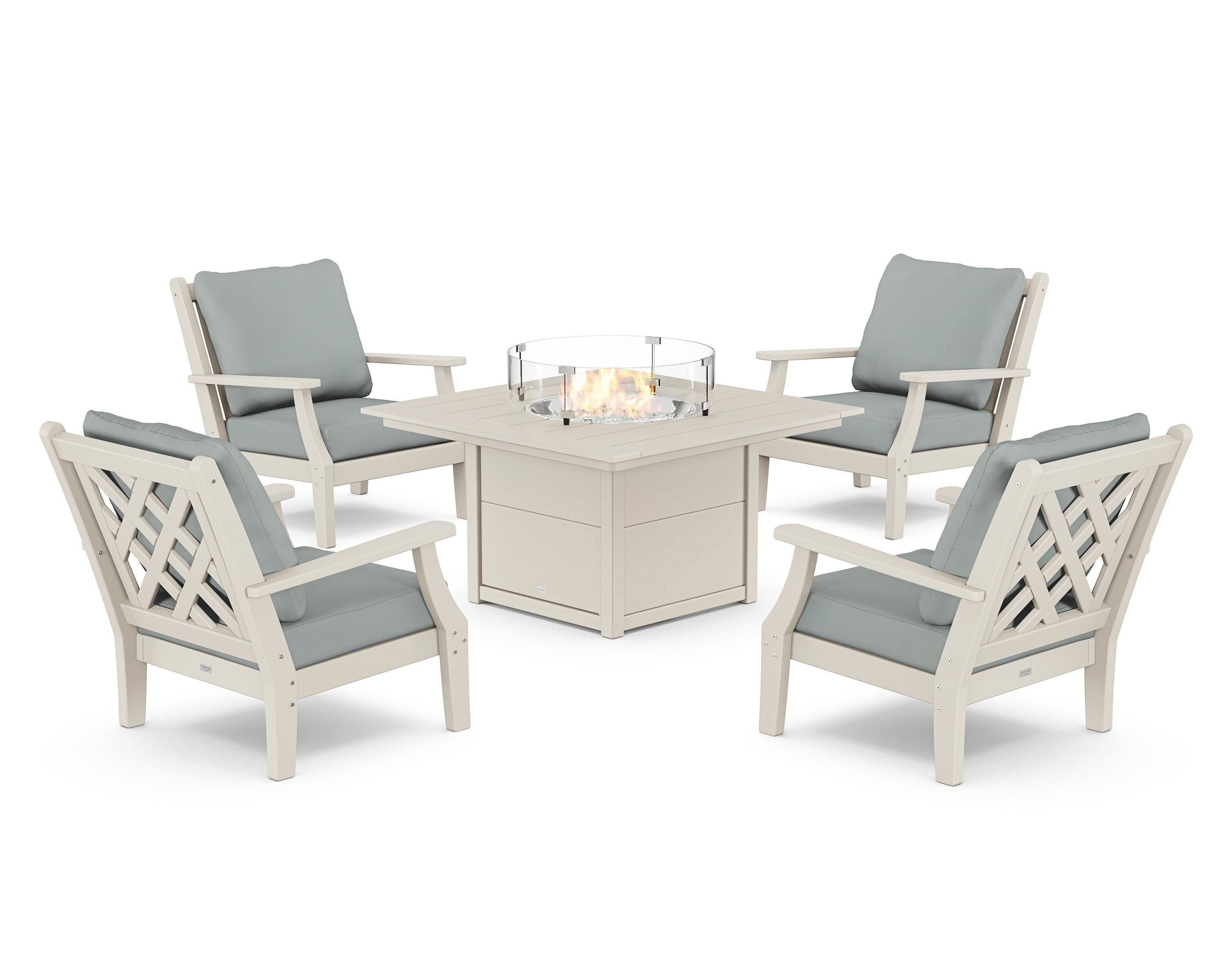 Country Living Wovendale 5-Piece Deep Seating Set with Fire Pit Table in Sand / Spa