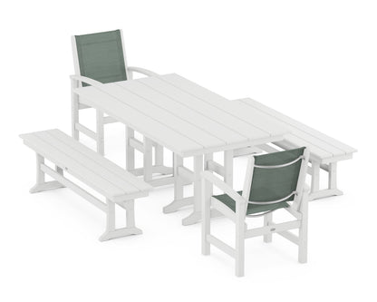 POLYWOOD® Coastal 5-Piece Farmhouse Dining Set in White / Dupioni Sea Mist Sling