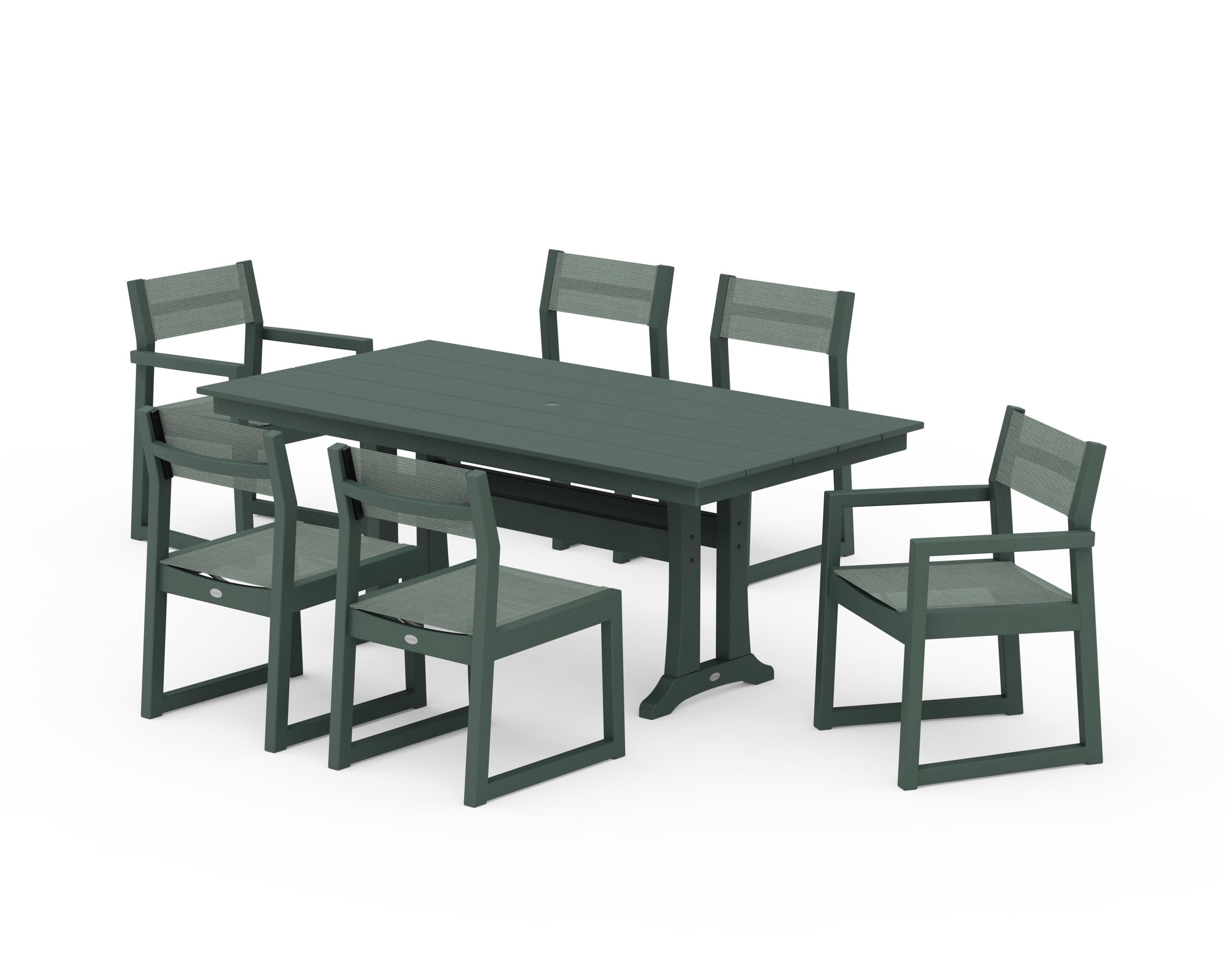 POLYWOOD® EDGE Sling 7-Piece Farmhouse Trestle Dining Set in Green / Dupioni Sea Mist Sling