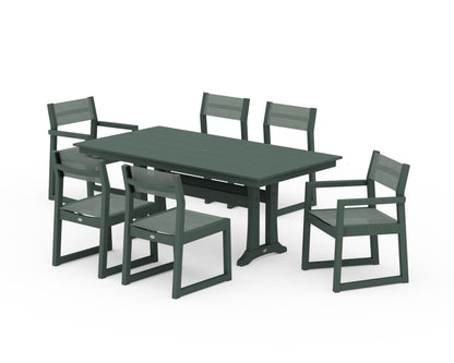 POLYWOOD® EDGE Sling 7-Piece Farmhouse Trestle Dining Set in Green / Dupioni Sea Mist Sling