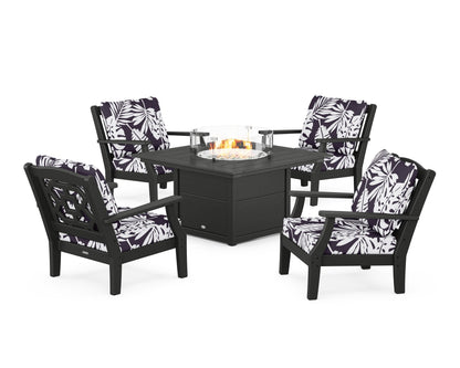 Martha Stewart by POLYWOOD® Chinoiserie 5-Piece Deep Seating Set with Fire Pit Table in Black / Leaf Navy