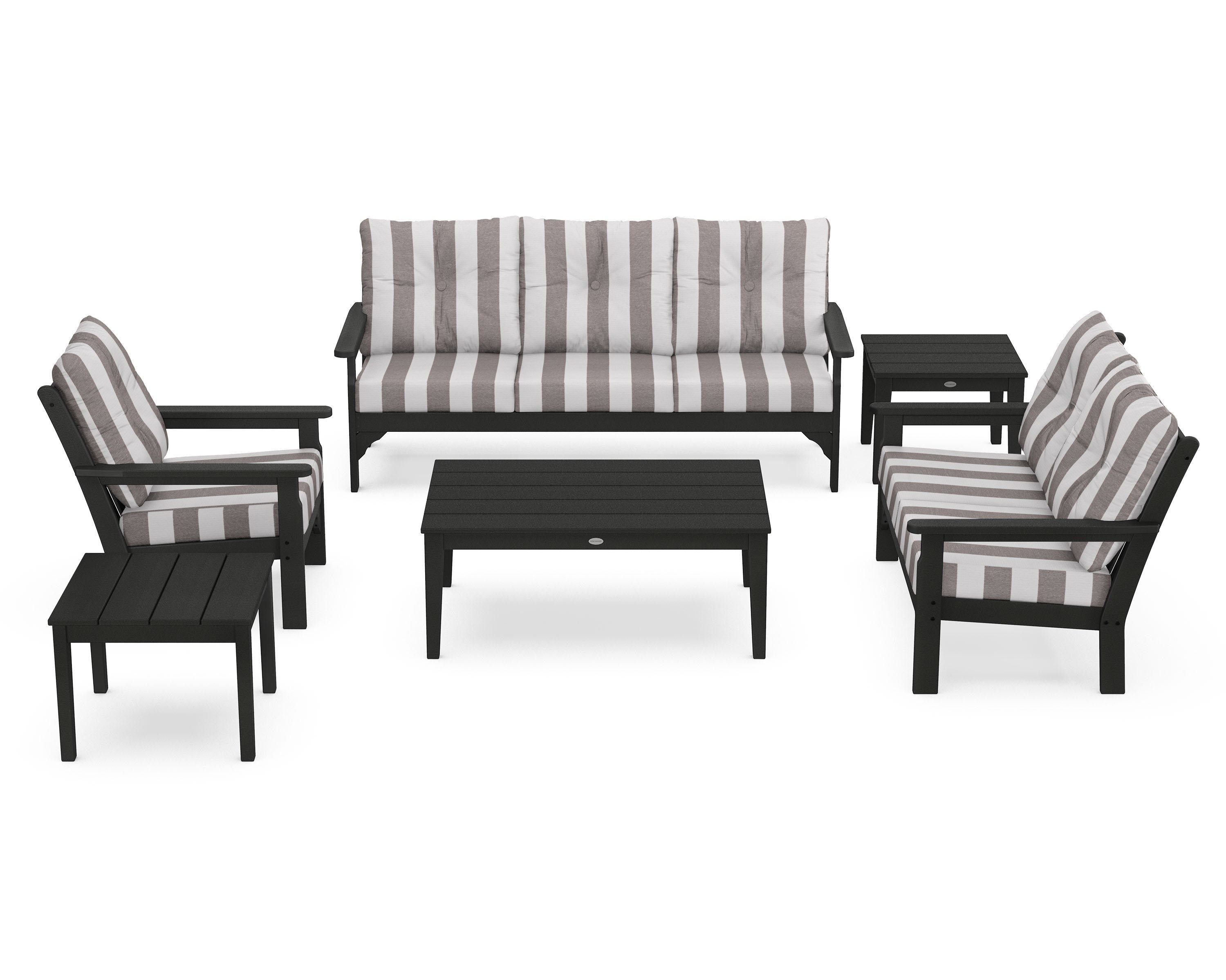 POLYWOOD® Vineyard 6-Piece Deep Seating Set in Green / Cabana Stripe Grey Mist