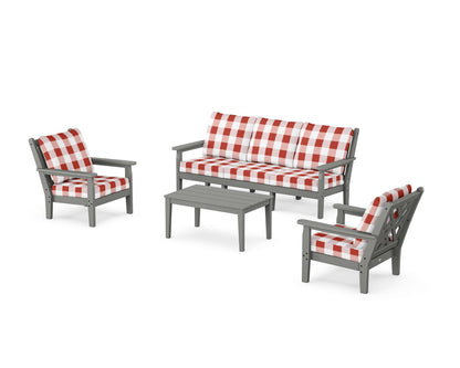 POLYWOOD® Chippendale 4-Piece Deep Seating Set with Sofa in Slate Grey / Buffalo Plaid Crimson