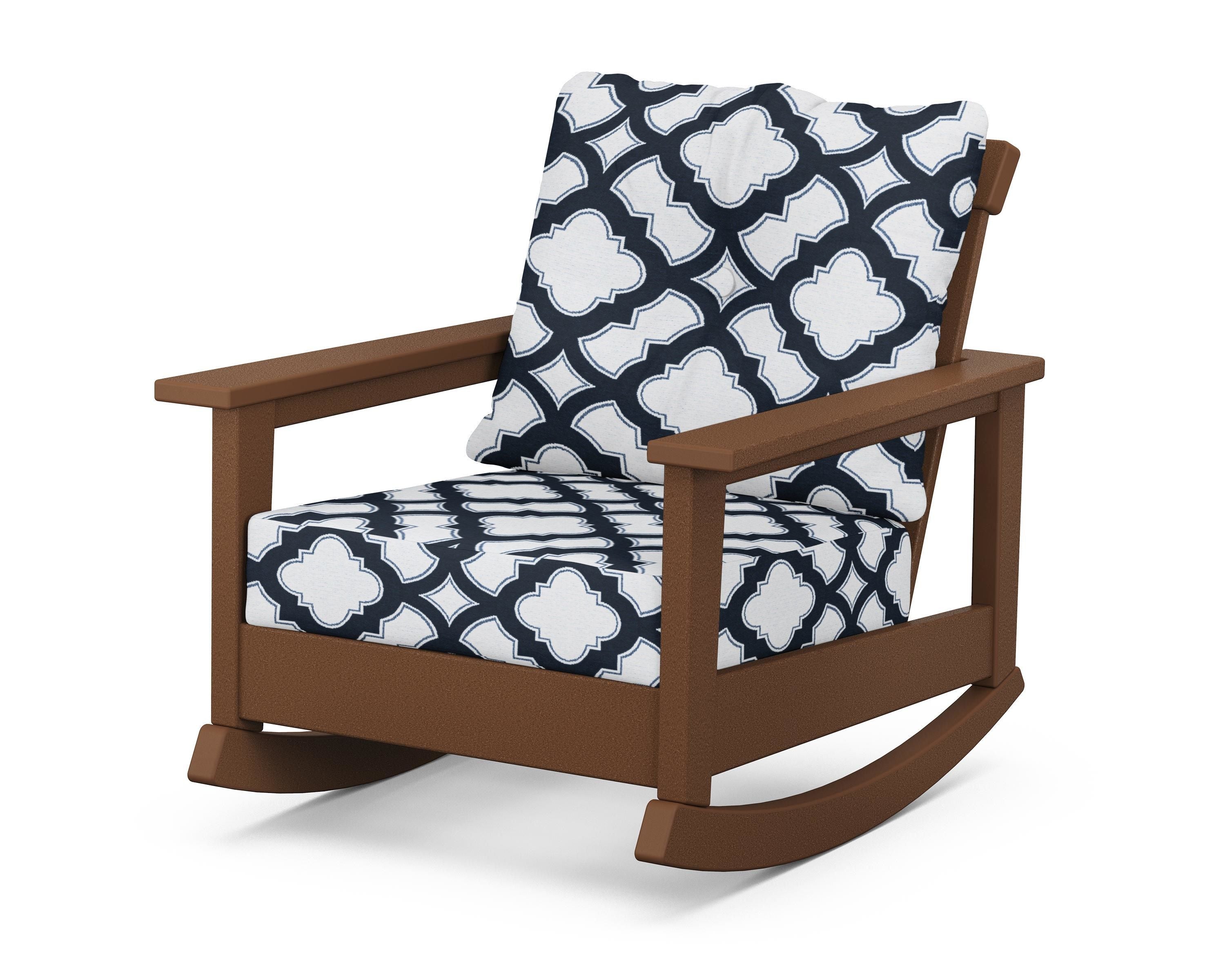 POLYWOOD® Prescott Deep Seating Rocking Chair in Teak / Trellis Marine Indigo