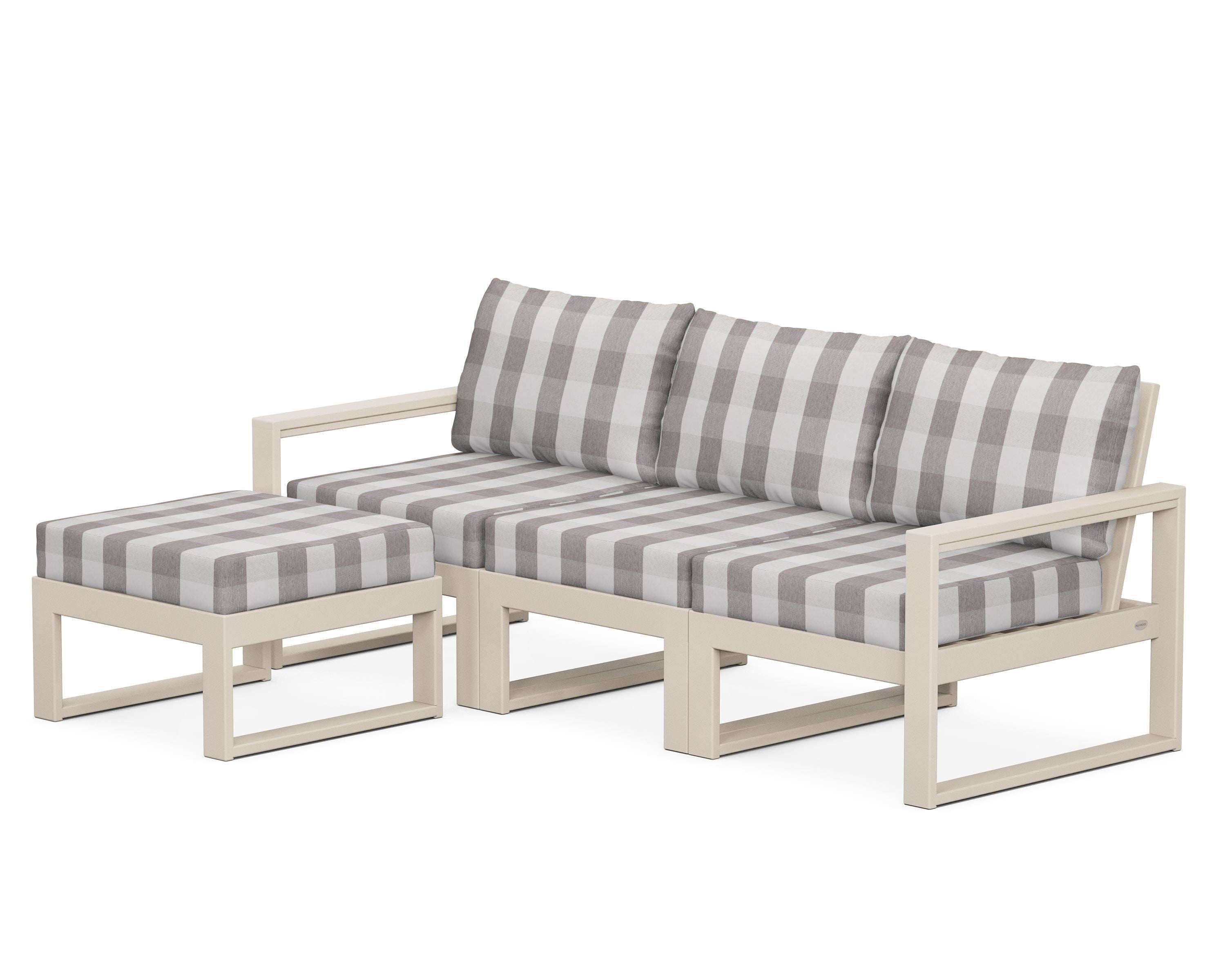 POLYWOOD® EDGE 4-Piece Modular Deep Seating Set with Ottoman in Sand / Buffalo Plaid Grey Mist