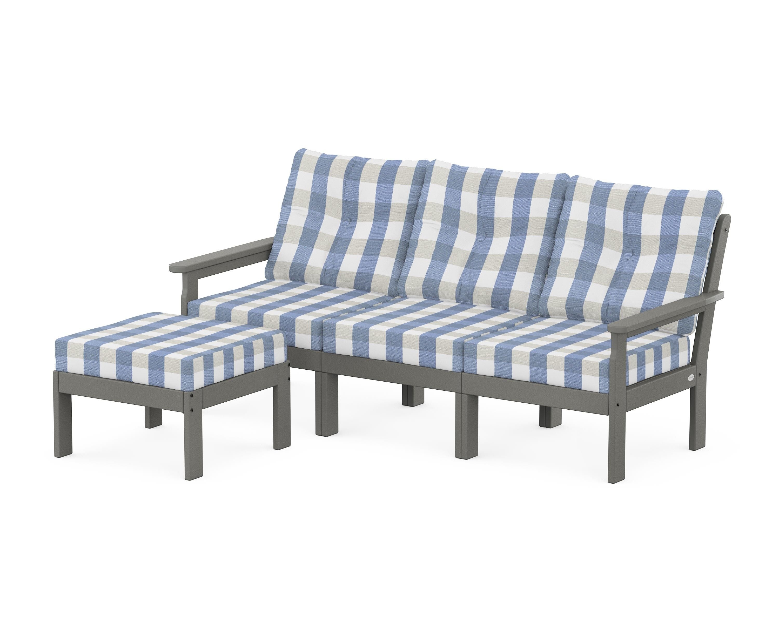 POLYWOOD® Vineyard 4-Piece Sectional with Ottoman in Slate Grey / Buffalo Plaid Sky Blue