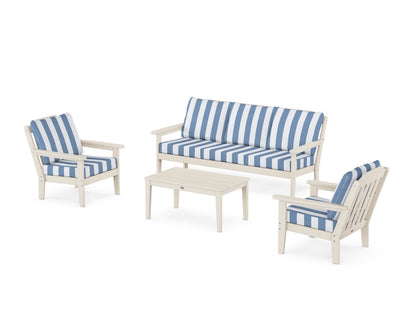 Country Living Cottage 4-Piece Deep Seating Set with Sofa in Sand / Cabana Stripe Sky Blue